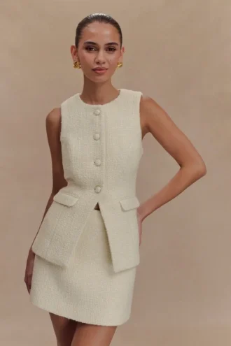 Camilla bouclé mouwloos vest – ivoor