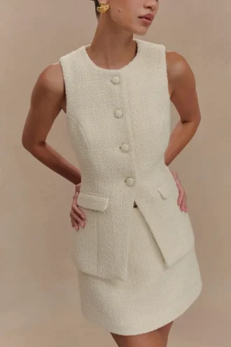 Camilla bouclé mouwloos vest – ivoor