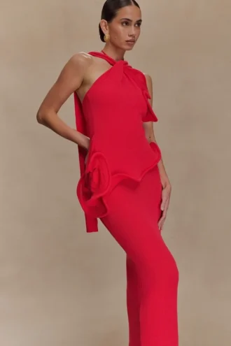 Caprice haltertop maxi-jurk van gebreid materiaal – Rood