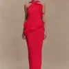 Caprice haltertop maxi-jurk van gebreid materiaal – Rood