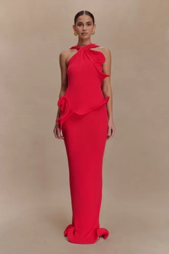 Caprice haltertop maxi-jurk van gebreid materiaal – Rood