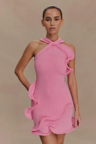 Caprice haltertop-mini-jurk van gebreide stof – Bubblegumroze
