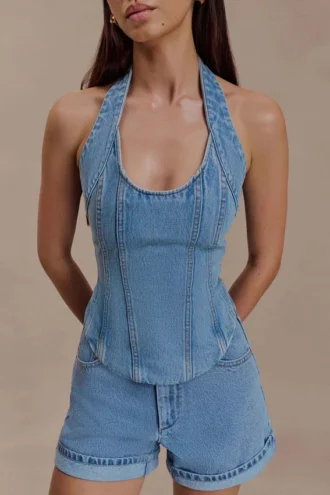 Meadow Denim Corset Haltertop – Klassiek Blauw
