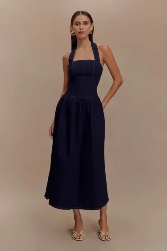Caroline Denim halter midi-jurk – Indigo blauw