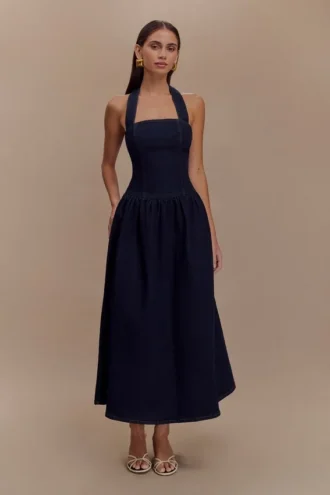 Caroline Denim halter midi-jurk – Indigo blauw