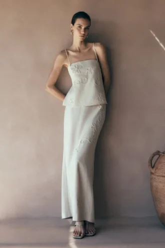Casey linnen maxi-rok met borduursels – naturel