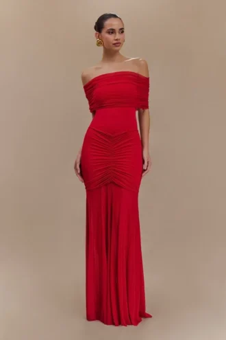 Caspian slinky en mesh off-shoulder maxi-jurk – Ruby