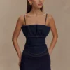 Cecilia Denim korset met ruches – Indigo blauw