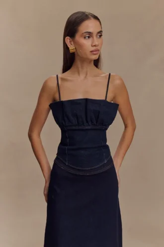 Cecilia Denim korset met ruches – Indigo blauw
