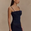 Cecilia Denim korset met ruches – Indigo blauw