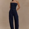 Cecilia Denim korset met ruches – Indigo blauw