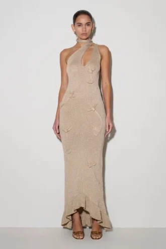 Celestino bloemenprint metallic gebreide maxi-jurk – goud