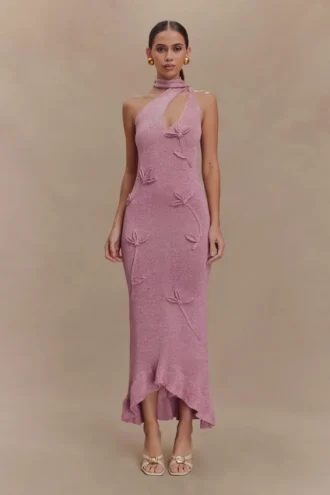 Celestino bloemenprint metallic gebreide maxi-jurk – Roze