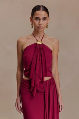 Celina chiffon haltertop met hardware – kersenrood