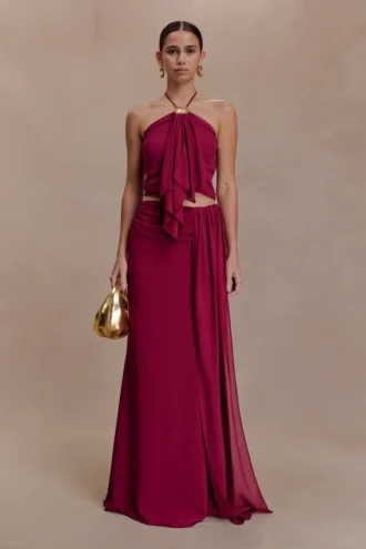 Celina chiffon maxi-rok met overlay – kersenrood