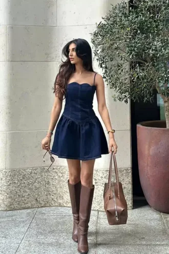 Cheyenne Scallop Denim Mini Jurk – Indigo Blue