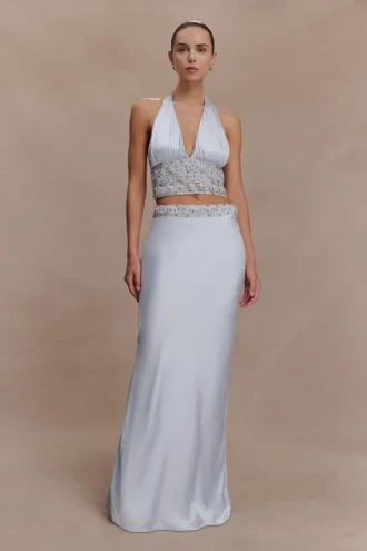 Clementine chiffon handgeborduurde maxi-rok – lichtblauw