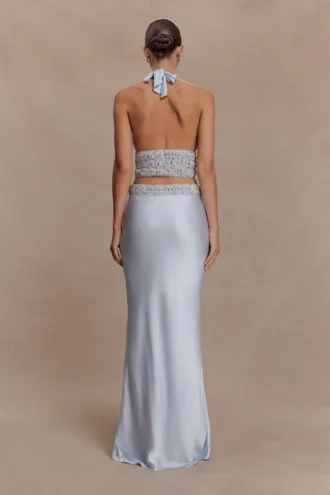 Clementine chiffon handgeborduurde maxi-rok – lichtblauw