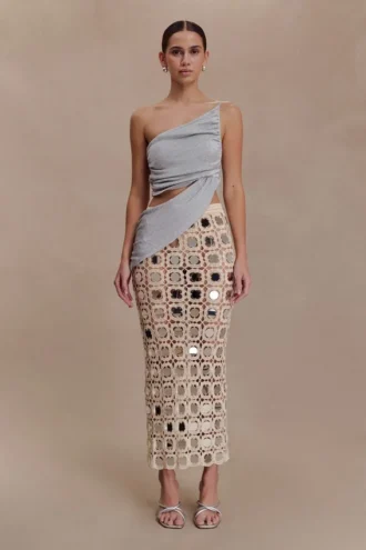 Noel midi-rok van spiegelbreisel – Beige