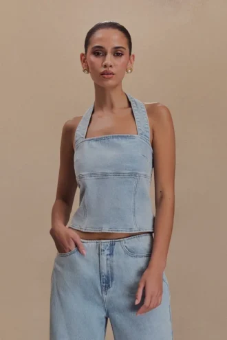 Dayna Denim Haltertop – Lichtblauw