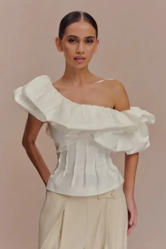 Debbie One Shoulder Bubble Top – Wit