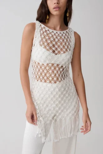Devlin mini-jurk met macramé-kwastjes – ivoor