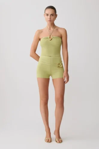 Dimitri mini-gebreide Shorts met riem – licht olijfgroen