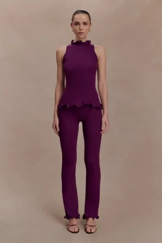 Diya geribde broek met hoge taille en draadzoom – Pruim