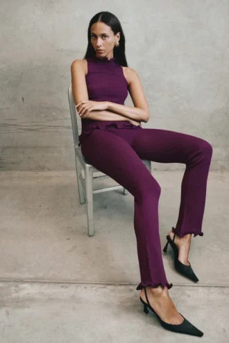 Diya geribde broek met hoge taille en draadzoom – Pruim