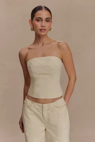 Ebony geborduurd Denim-corset – Crème