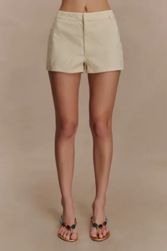 Ebony geborduurde Denim micro-shorts – Crème