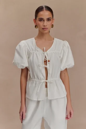 Emilie katoenen top met pofmouwen – Wit