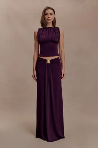 Erina Slinky gerimpelde maxi-rok met hardware – Aubergine