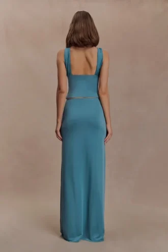 Erina soepelvallende maxi-rok met ruches en details – blauwgroen