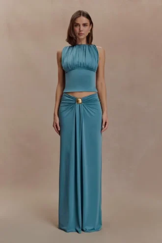 Erina soepelvallende maxi-rok met ruches en details – blauwgroen
