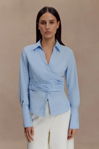 Eugenia katoenen wikkelblouse – Blauw