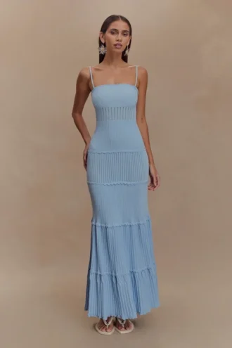 Finley maxi-jurk van pointelle-breisel – Korenbloemblauw