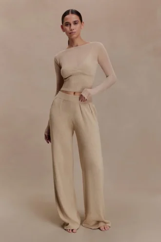 Frannie gerimpelde zijde-mix-broek – Zand