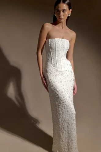 Gemma strapless maxi-jurk met versieringen – ivoor