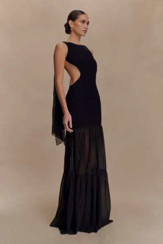 Haille gebreide chiffon maxi-jurk – Zwart
