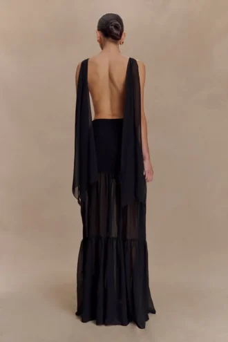 Haille gebreide chiffon maxi-jurk – Zwart