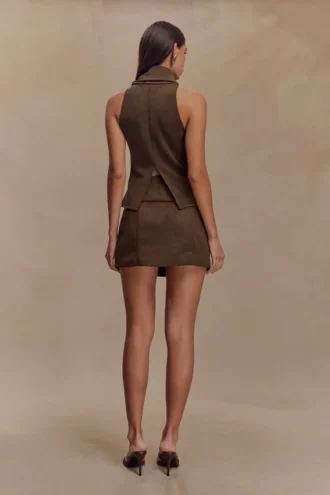 Hayes mini-rok met riem van imitatiesuède – Chocoladebruin