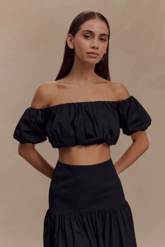 Herfst off-shoulder bubbeltop – Zwart