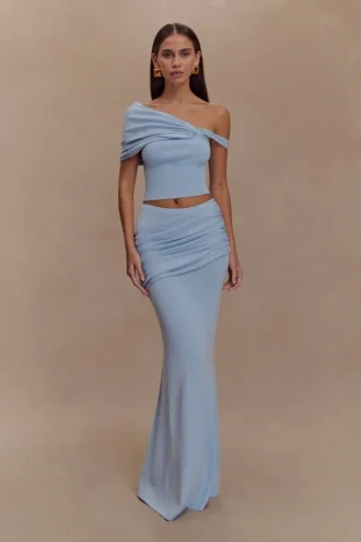 Irene gerimpelde gebreide maxi-rok – Blauw Irene gerimpelde gebreide maxi-rok – Blauw