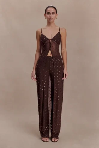 Jackie lange top met strass – Chocoladebruin