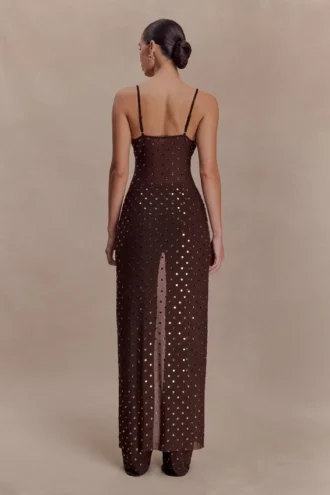 Jackie lange top met strass – Chocoladebruin