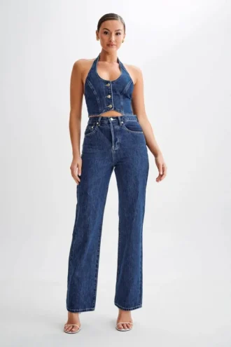 Janine jeans met hoge taille en rechte pijpen – donkerblauw