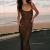 Jasmyn Hot Fix maxi-jurk met mesh-rug – Chocolade