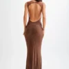 Jasmyn Hot Fix maxi-jurk met mesh-rug – Chocolade