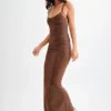 Jasmyn Hot Fix maxi-jurk met mesh-rug – Chocolade